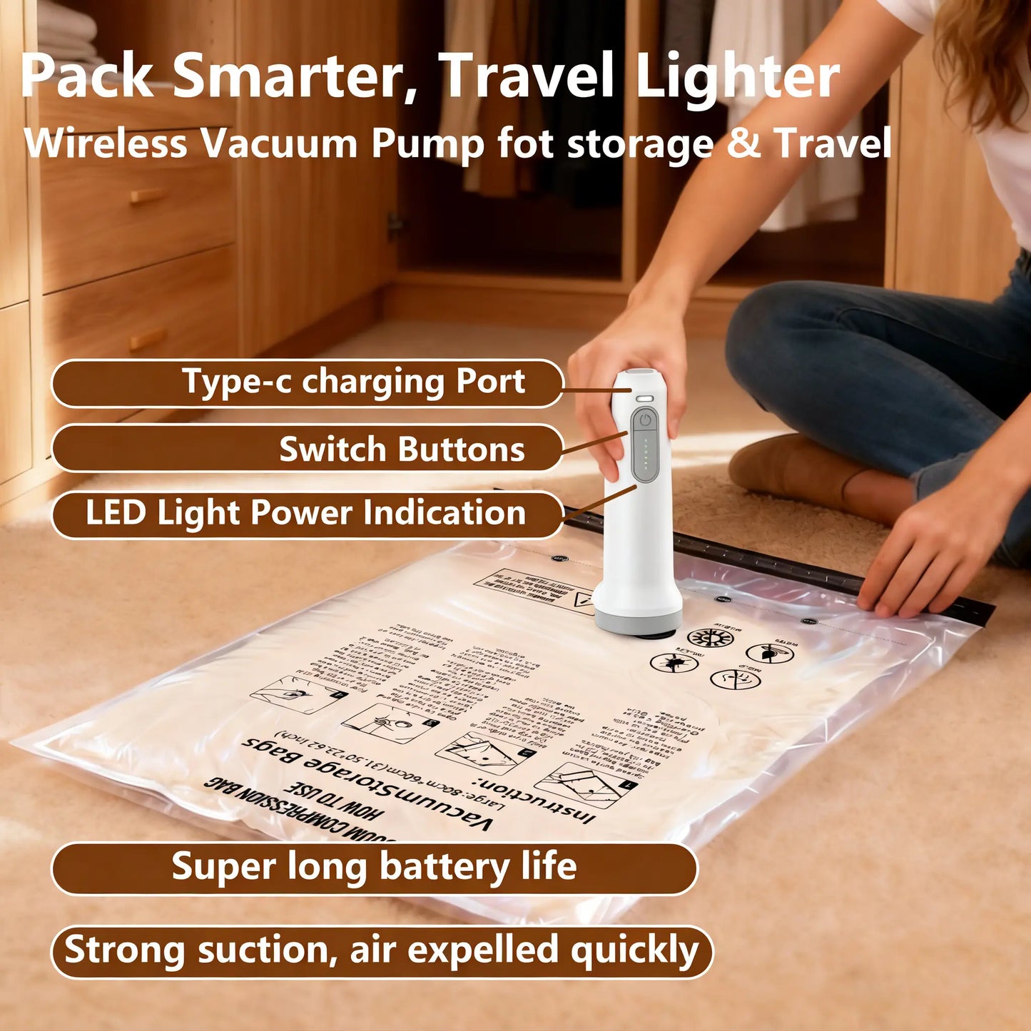 Cordless Travel Vacuum Compression Bag Set – 15-Pack with USB Rechargeable Handheld Pump