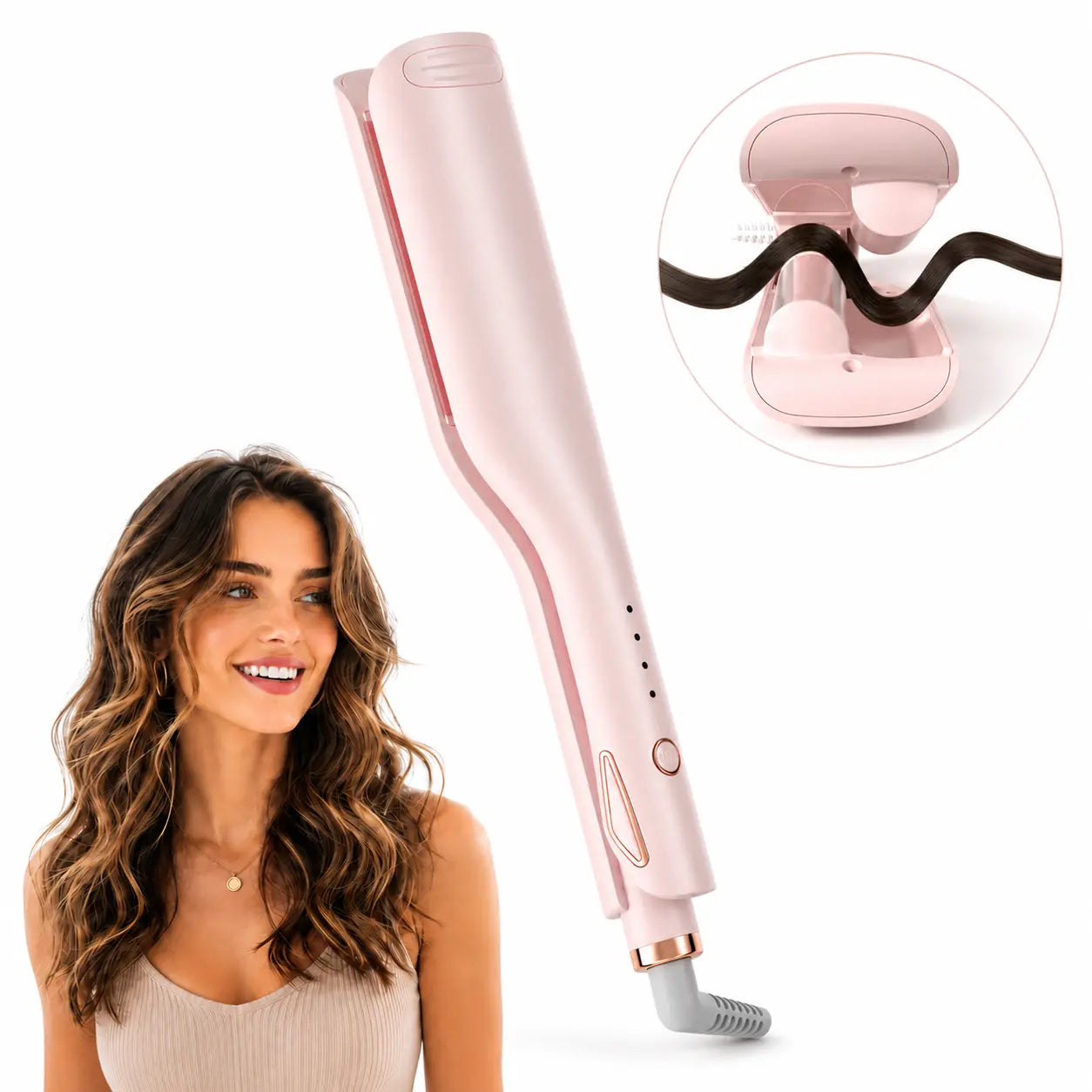 💖 25mm Deep Wave Hair Waver, Adjustable Heat Ceramic Crimper, Dual Voltage Travel Curler, Pink Styling Gift for Women