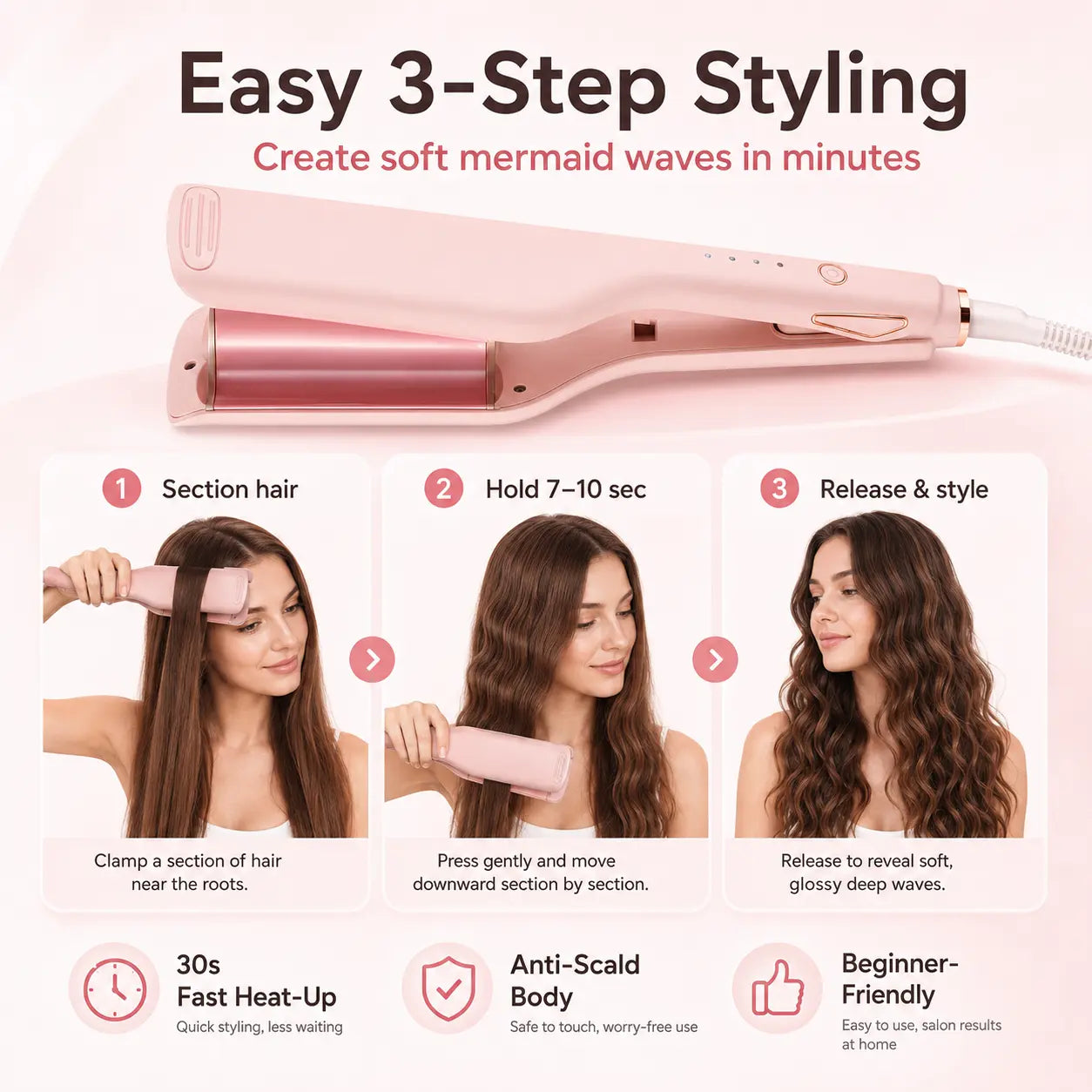 💖 25mm Deep Wave Hair Waver, Adjustable Heat Ceramic Crimper, Dual Voltage Travel Curler, Pink Styling Gift for Women