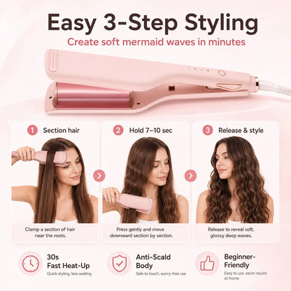 💖 25mm Deep Wave Hair Waver, Adjustable Heat Ceramic Crimper, Dual Voltage Travel Curler, Pink Styling Gift for Women