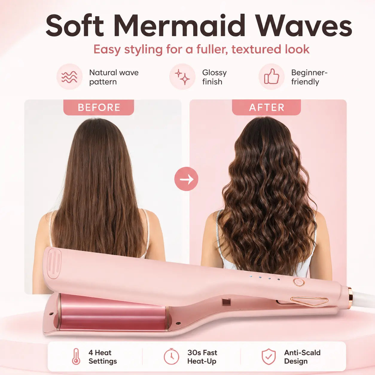 💖 25mm Deep Wave Hair Waver, Adjustable Heat Ceramic Crimper, Dual Voltage Travel Curler, Pink Styling Gift for Women