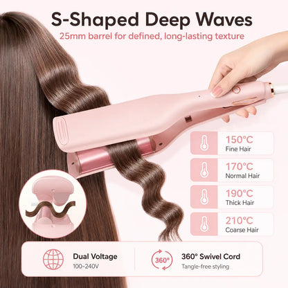 💖 25mm Deep Wave Hair Waver, Adjustable Heat Ceramic Crimper, Dual Voltage Travel Curler, Pink Styling Gift for Women