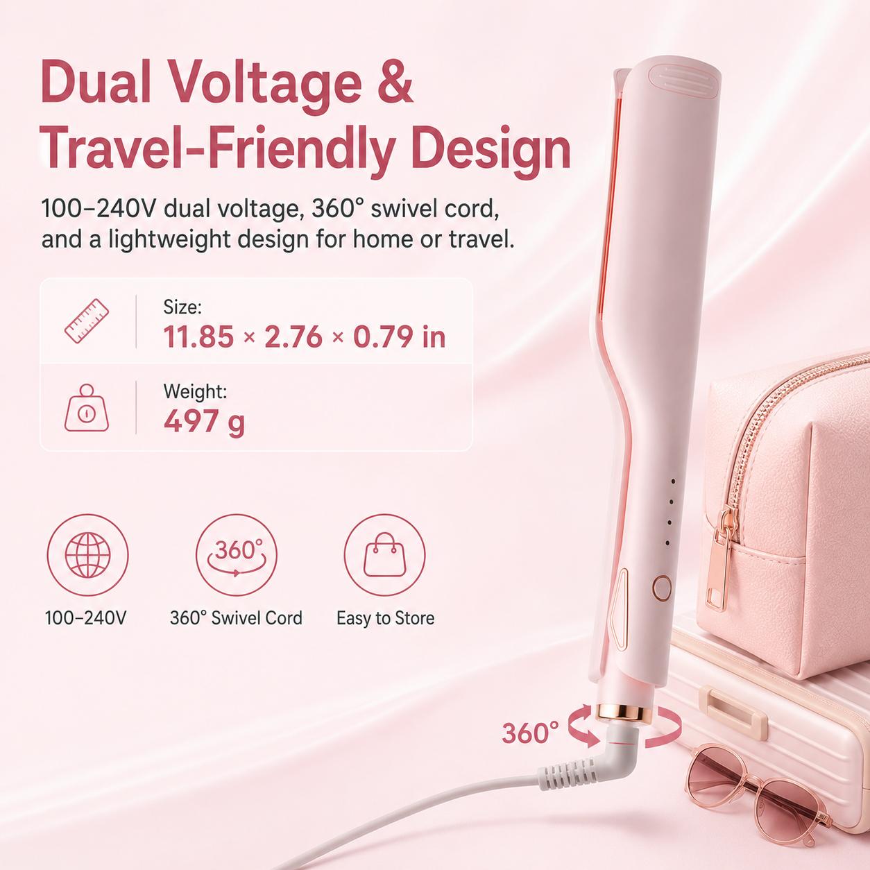 💖 25mm Deep Wave Hair Waver, Adjustable Heat Ceramic Crimper, Dual Voltage Travel Curler, Pink Styling Gift for Women