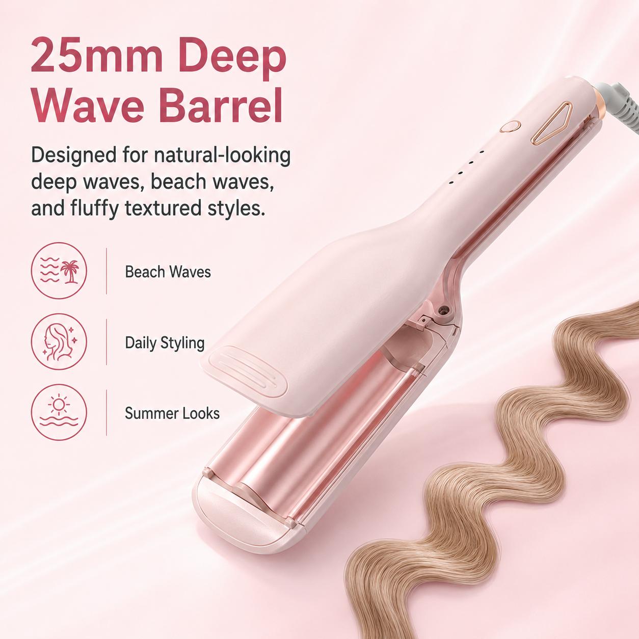 💖 25mm Deep Wave Hair Waver, Adjustable Heat Ceramic Crimper, Dual Voltage Travel Curler, Pink Styling Gift for Women