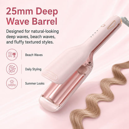 💖 25mm Deep Wave Hair Waver, Adjustable Heat Ceramic Crimper, Dual Voltage Travel Curler, Pink Styling Gift for Women