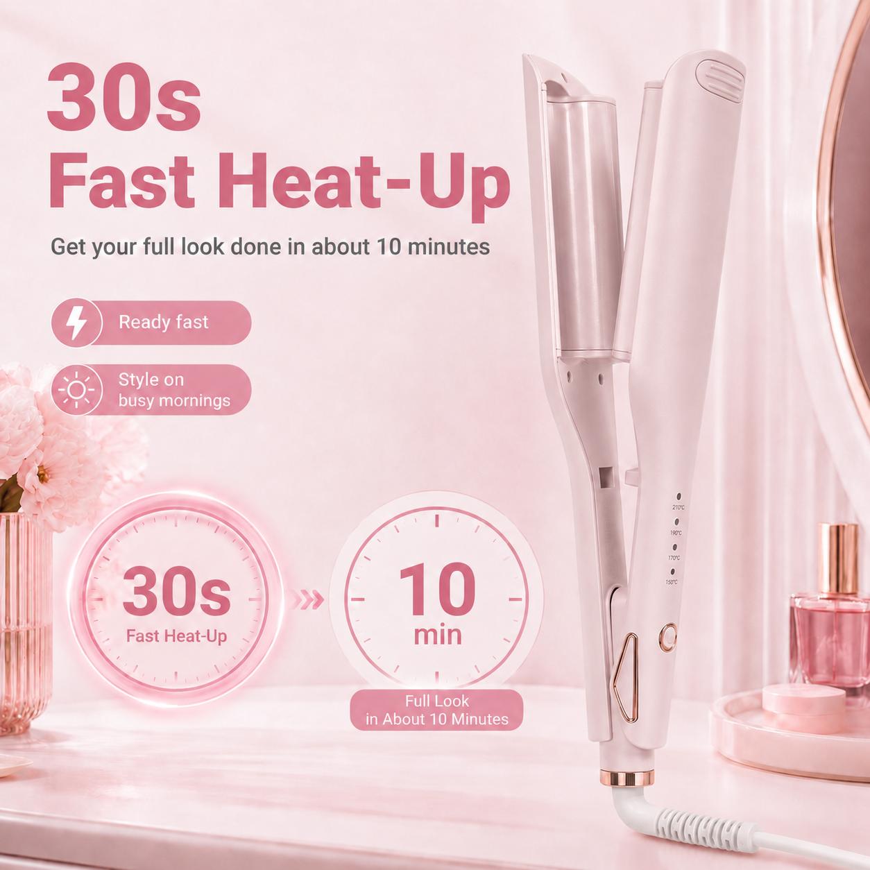 💖 25mm Deep Wave Hair Waver, Adjustable Heat Ceramic Crimper, Dual Voltage Travel Curler, Pink Styling Gift for Women
