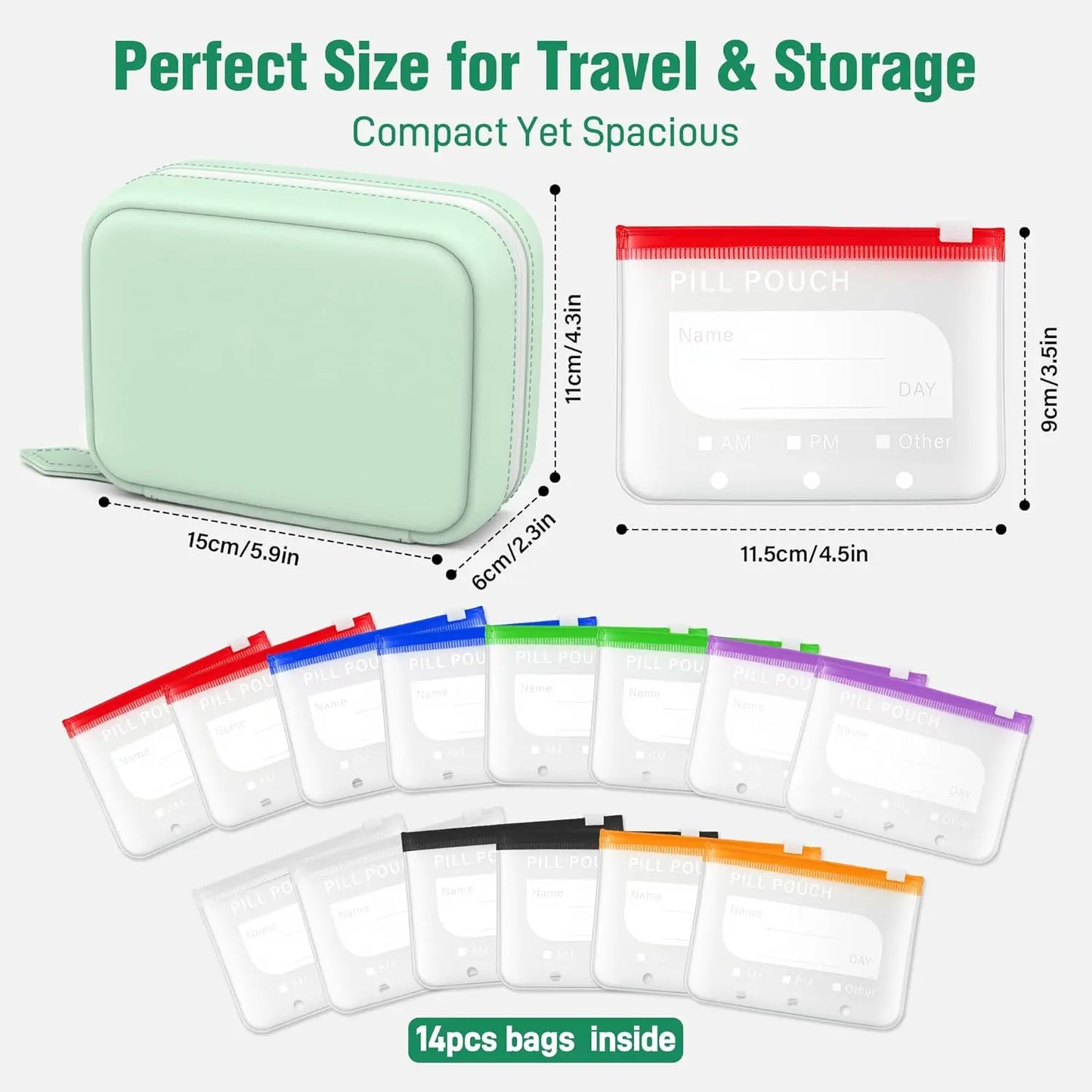A8 Waterproof Pill Pouch Set – Large Weekly Pill Organizer with 14 Color-Coded Medicine Pouches