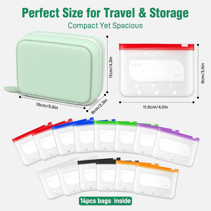 A8 Waterproof Pill Pouch Set – Large Weekly Pill Organizer with 14 Color-Coded Medicine Pouches