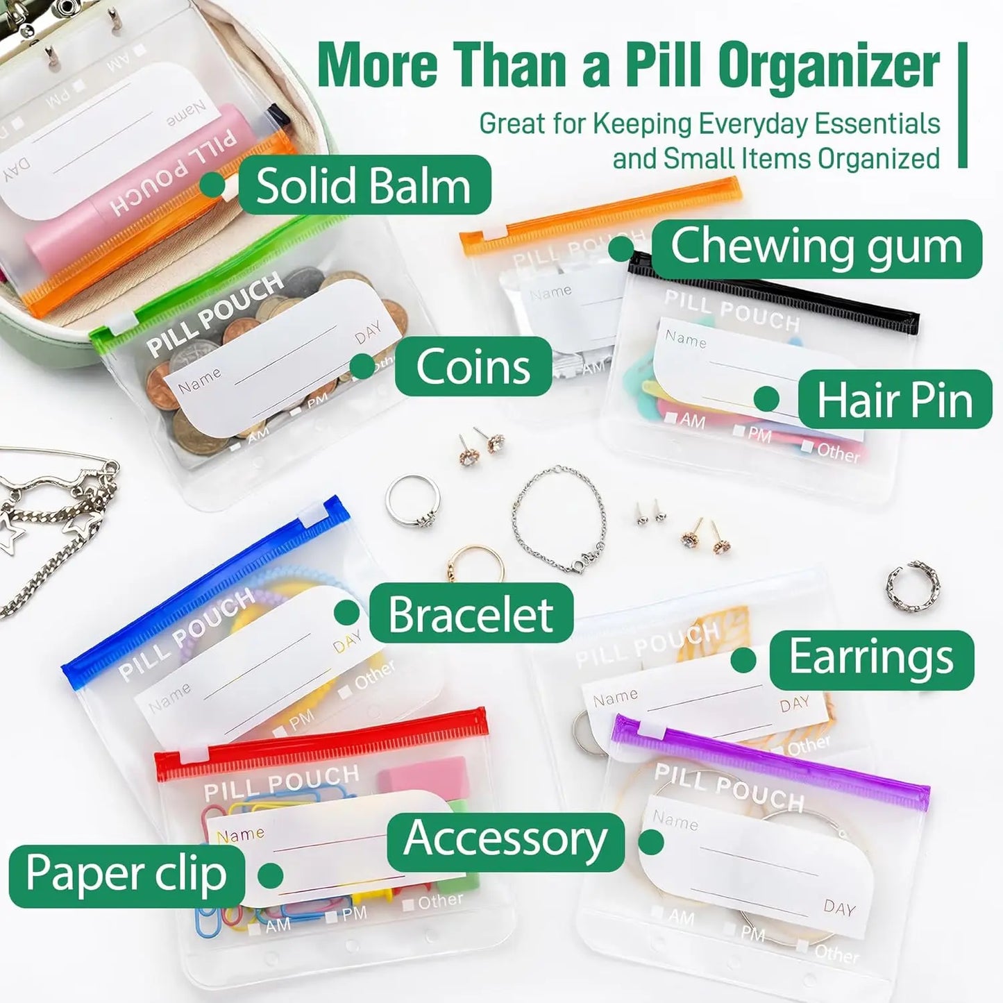 A8 Waterproof Pill Pouch Set – Large Weekly Pill Organizer with 14 Color-Coded Medicine Pouches