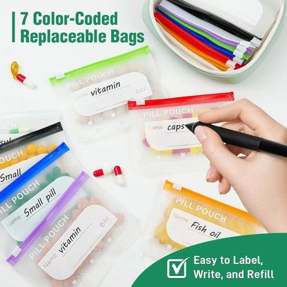 A8 Waterproof Pill Pouch Set – Large Weekly Pill Organizer with 14 Color-Coded Medicine Pouches