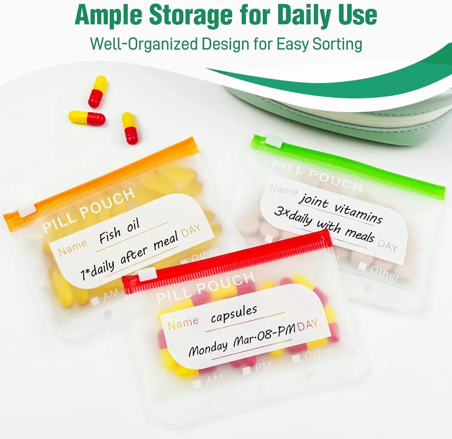 A8 Waterproof Pill Pouch Set – Large Weekly Pill Organizer with 14 Color-Coded Medicine Pouches