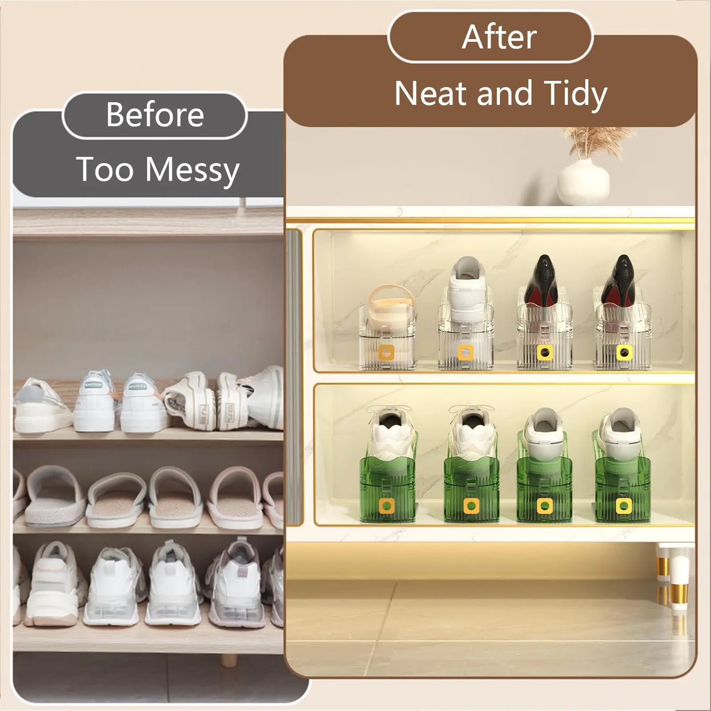 Adjustable Shoe Rack – 2 Pack Clear Shoe Slots Organizers, Space Saver for Closet