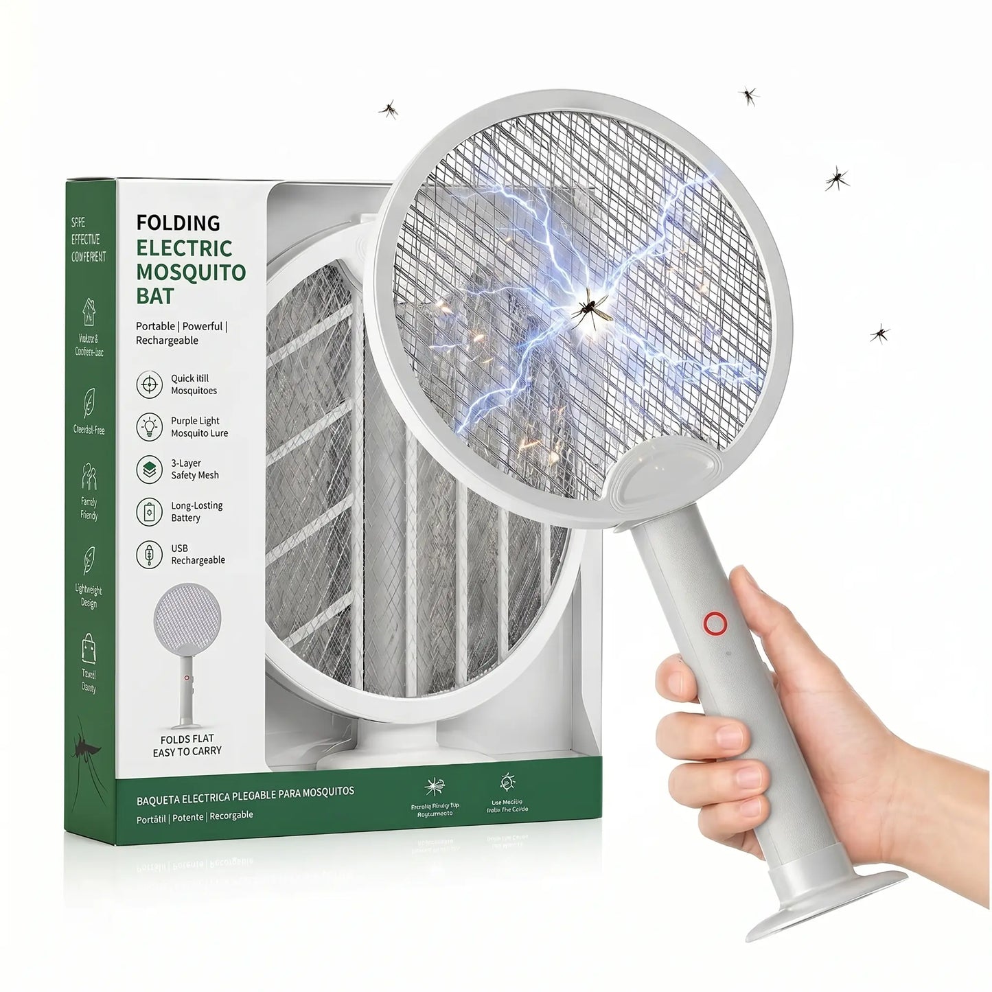 Folding Electric Mosquito Bat – 2-in-1 Portable Bug Zapper Racket & Mosquito Trap
