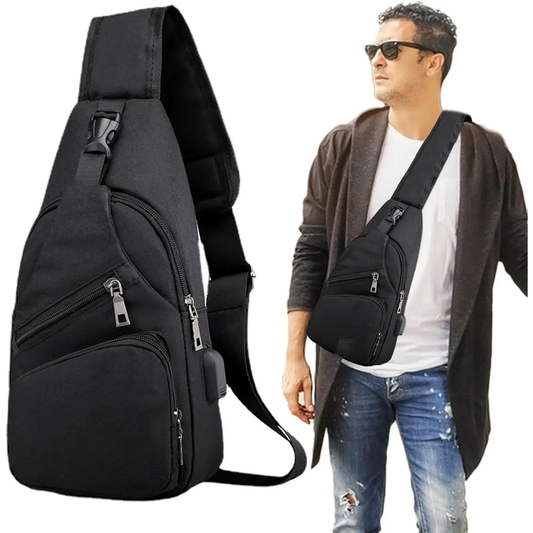 Men's Waterproof Oxford Sling Chest Bag – USB Port & Headphone Jack, Adjustable Straps