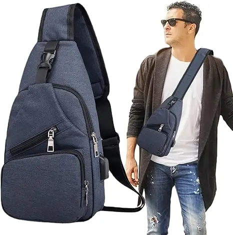 Men's Waterproof Oxford Sling Chest Bag – USB Port & Headphone Jack, Adjustable Straps