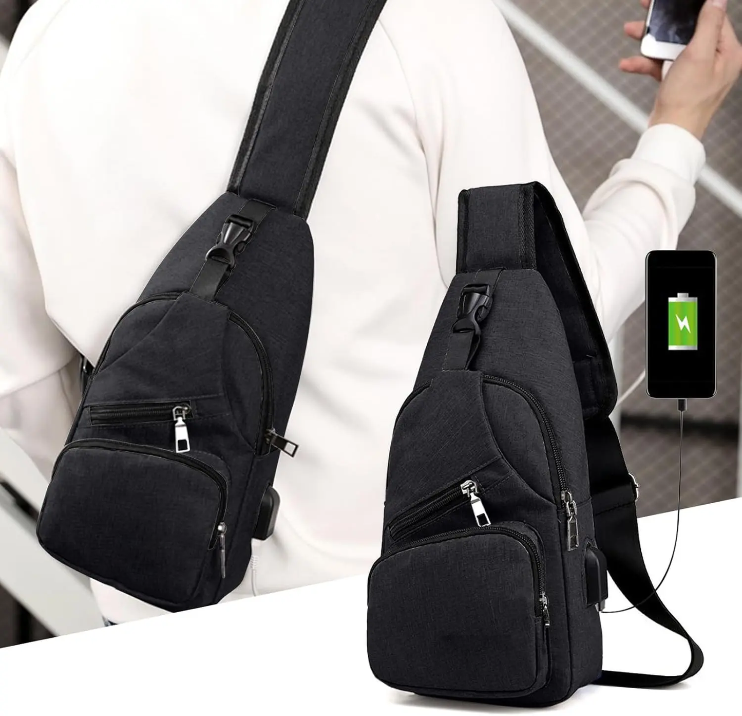 Men's Waterproof Oxford Sling Chest Bag – USB Port & Headphone Jack, Adjustable Straps