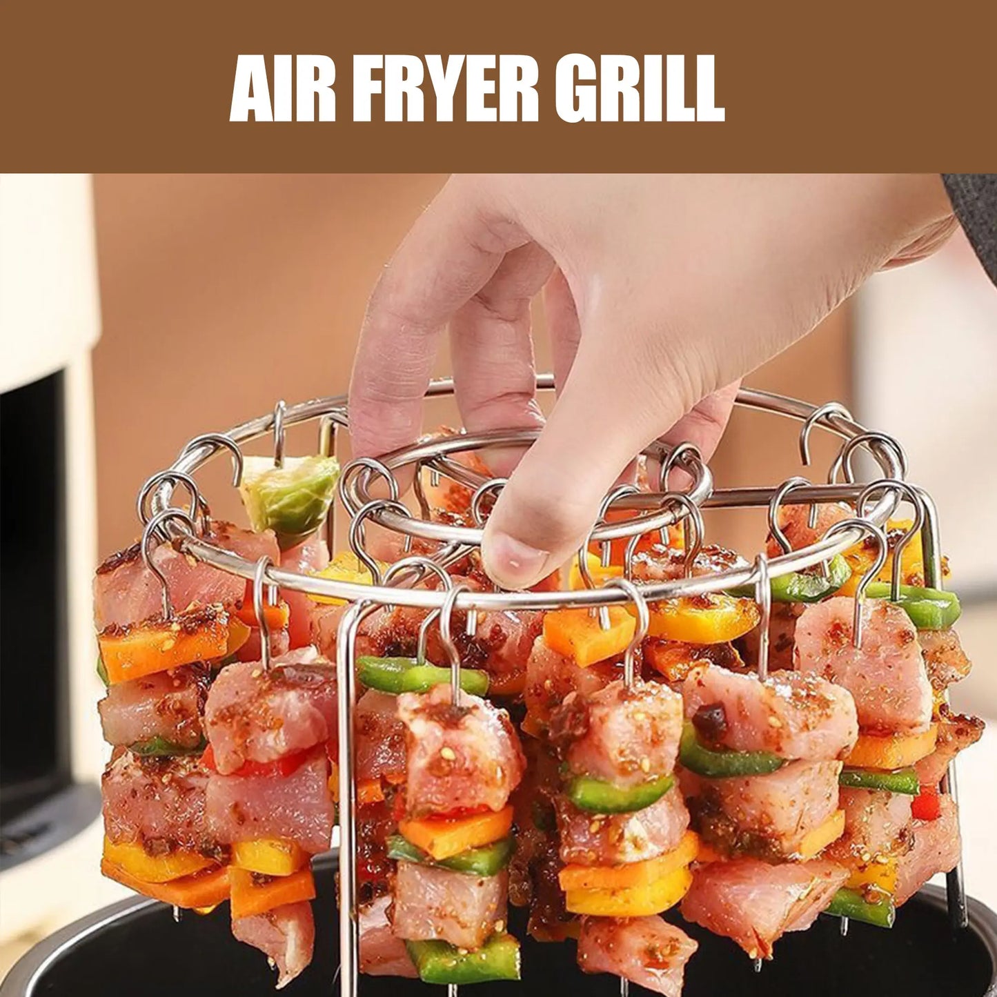 Air Fryer Skewer Rack – 2 Counts Round Grill with Stainless Steel Skewers