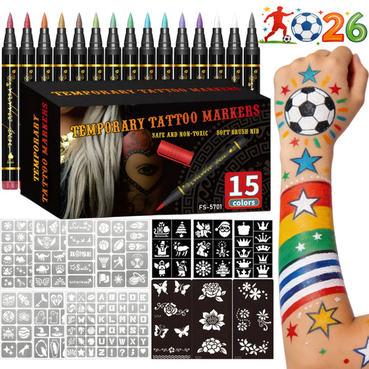 Temporary Tattoo Markers – 10/15/30-Color Body Art Pens with Flexible Brush Tip
