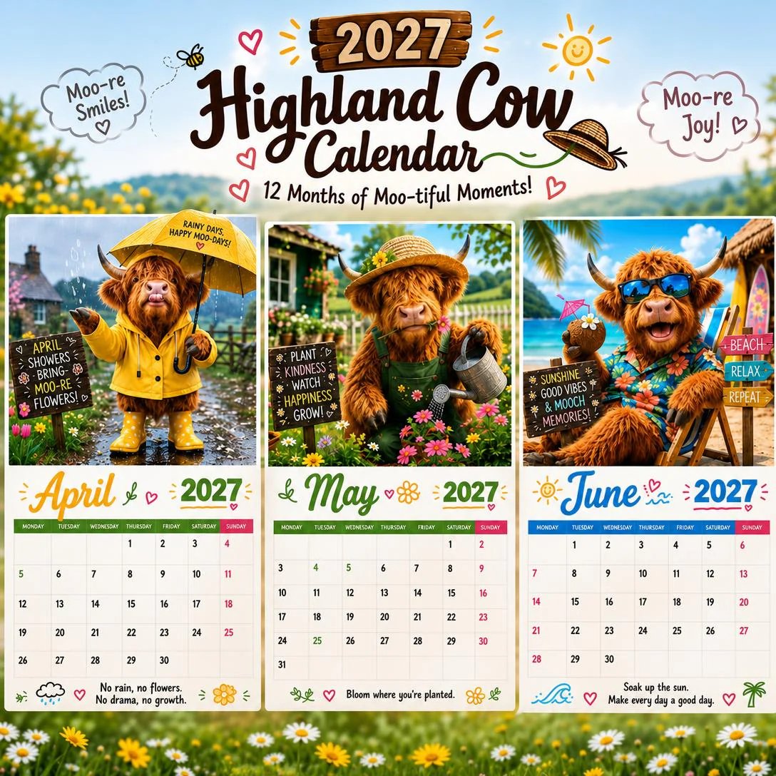 🔥2027 Funny Highland Cow Wall Calendar | A4 Hanging Calendar | Designed by Isabel Kline
