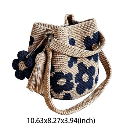 Handmade Crochet Flower Tote Bag – Embroidered Bohemian Style Knitted Floral Drawstring Beach Bag