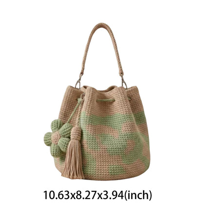 Handmade Crochet Flower Tote Bag – Embroidered Bohemian Style Knitted Floral Drawstring Beach Bag