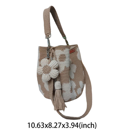 Handmade Crochet Flower Tote Bag – Embroidered Bohemian Style Knitted Floral Drawstring Beach Bag