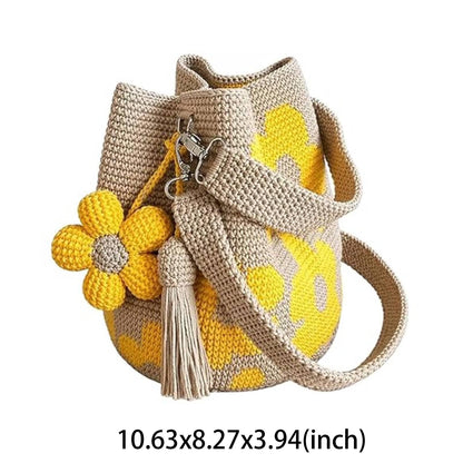 Handmade Crochet Flower Tote Bag – Embroidered Bohemian Style Knitted Floral Drawstring Beach Bag