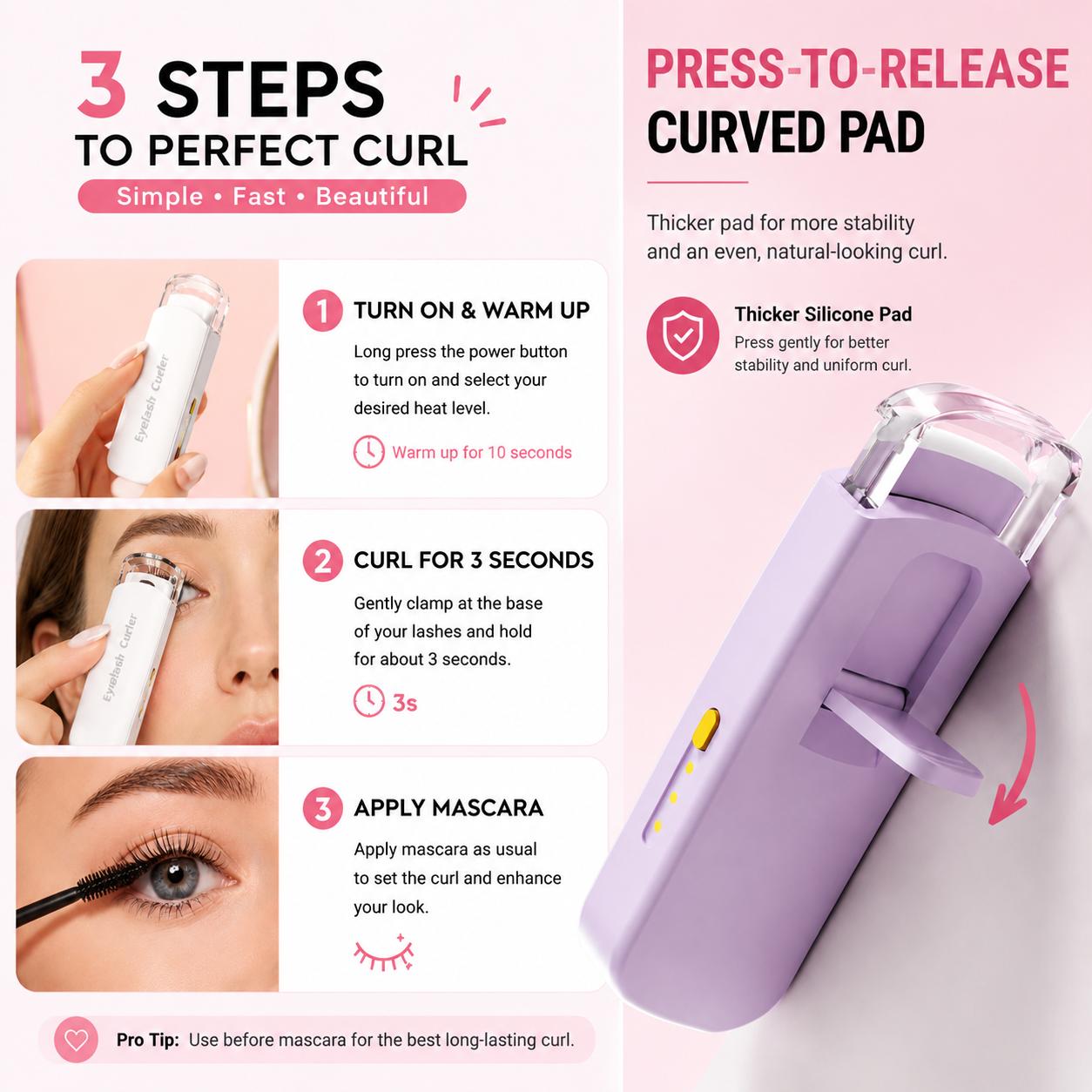 Heated Eyelash Curler – USB Rechargeable with 3 Temperature Settings