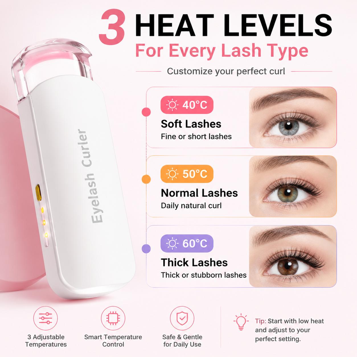 Heated Eyelash Curler – USB Rechargeable with 3 Temperature Settings