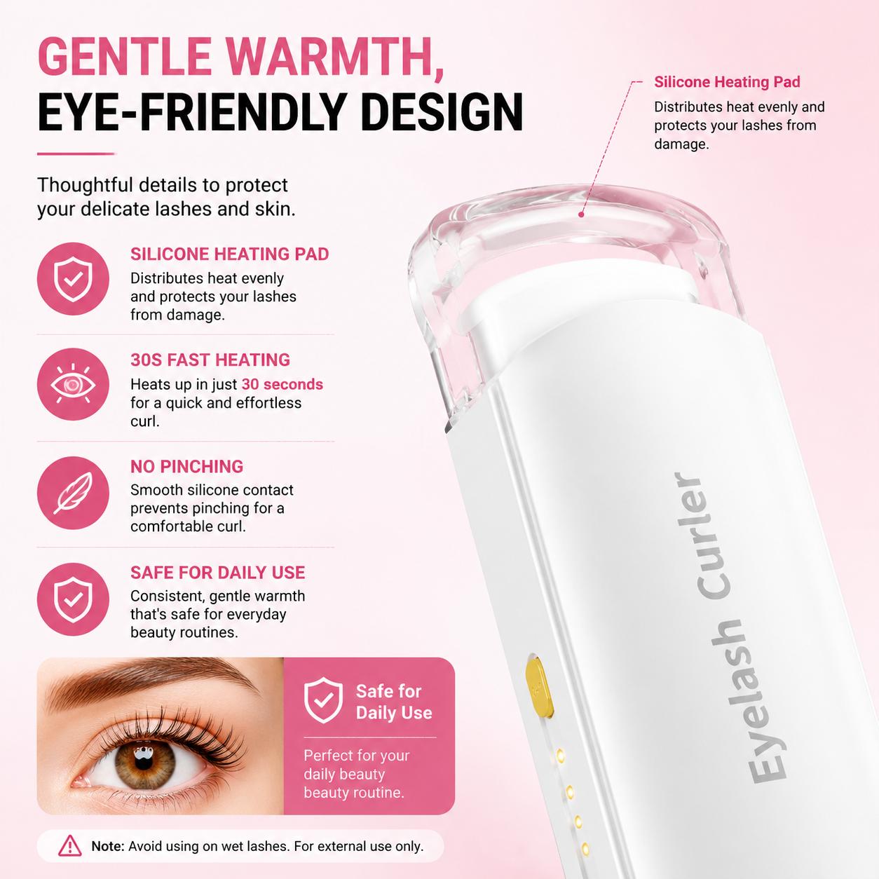 Heated Eyelash Curler – USB Rechargeable with 3 Temperature Settings