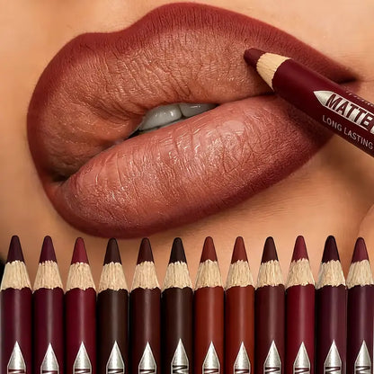 12-Color Matte Lip Liner Set with Built-In Sharpener – Waterproof, Smudge-Proof, Long-Lasting