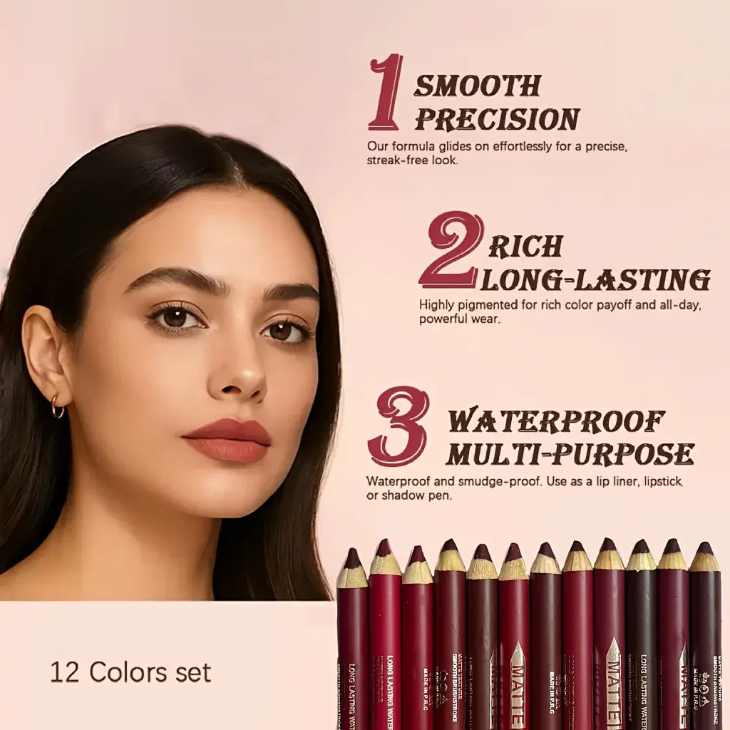 12-Color Matte Lip Liner Set with Built-In Sharpener – Waterproof, Smudge-Proof, Long-Lasting