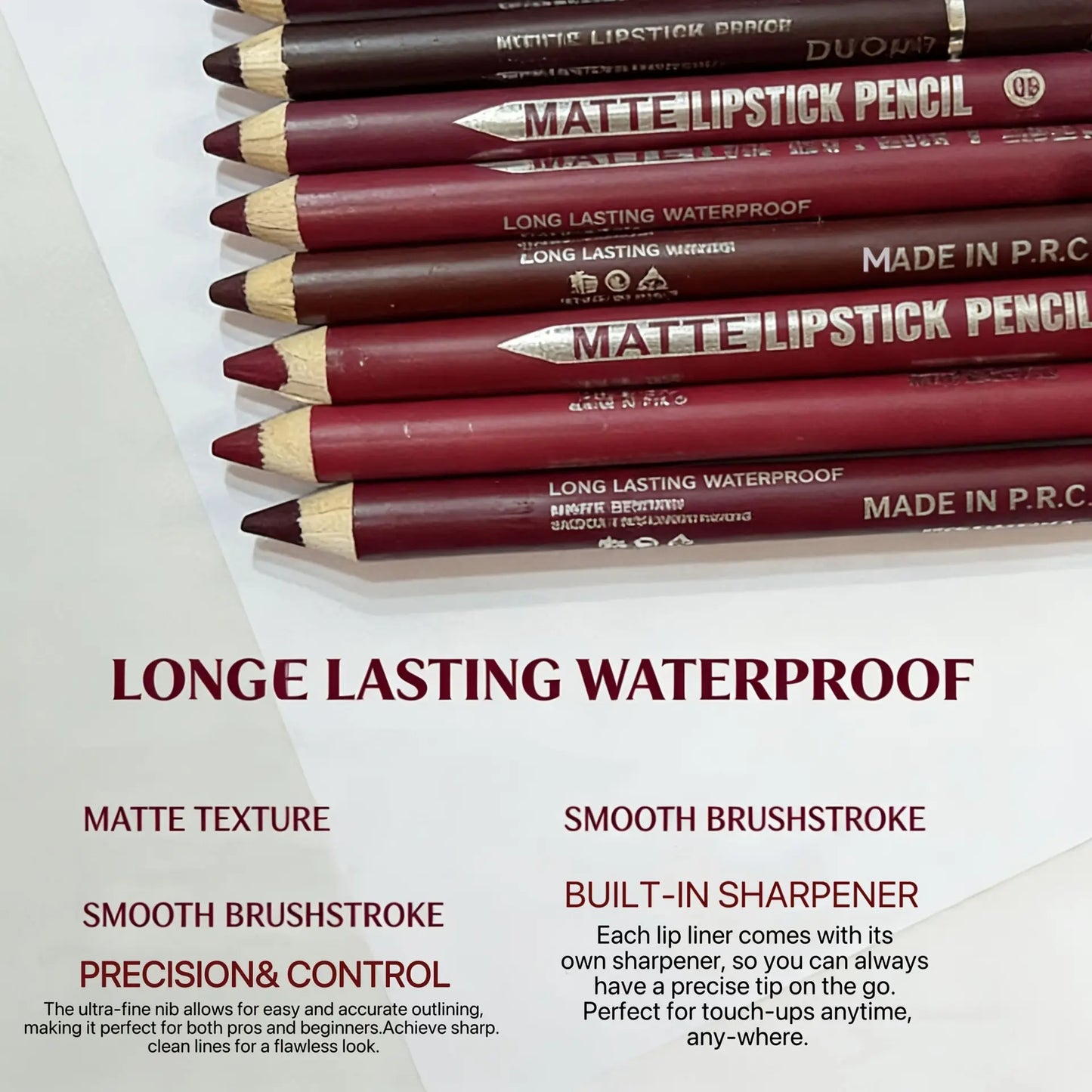 12-Color Matte Lip Liner Set with Built-In Sharpener – Waterproof, Smudge-Proof, Long-Lasting