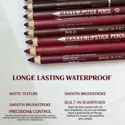 12-Color Matte Lip Liner Set with Built-In Sharpener – Waterproof, Smudge-Proof, Long-Lasting