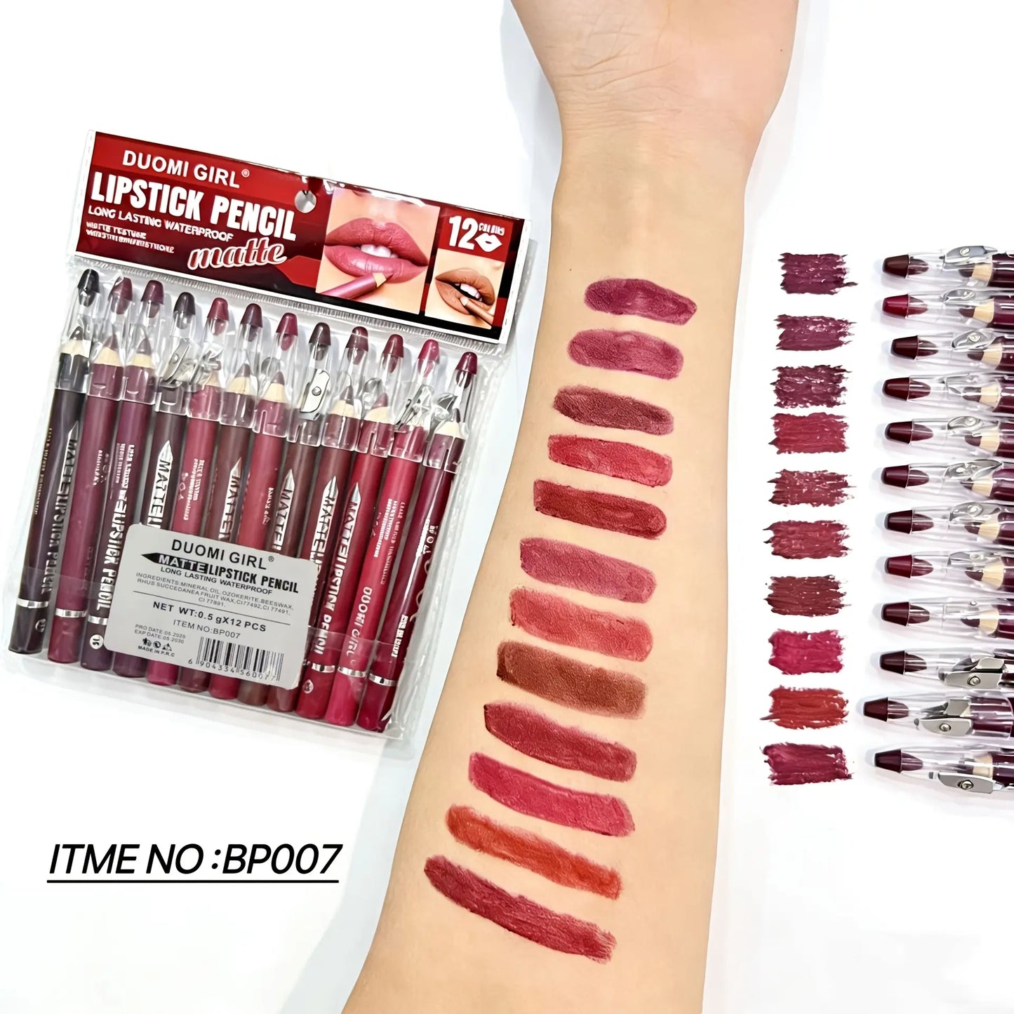 12-Color Matte Lip Liner Set with Built-In Sharpener – Waterproof, Smudge-Proof, Long-Lasting