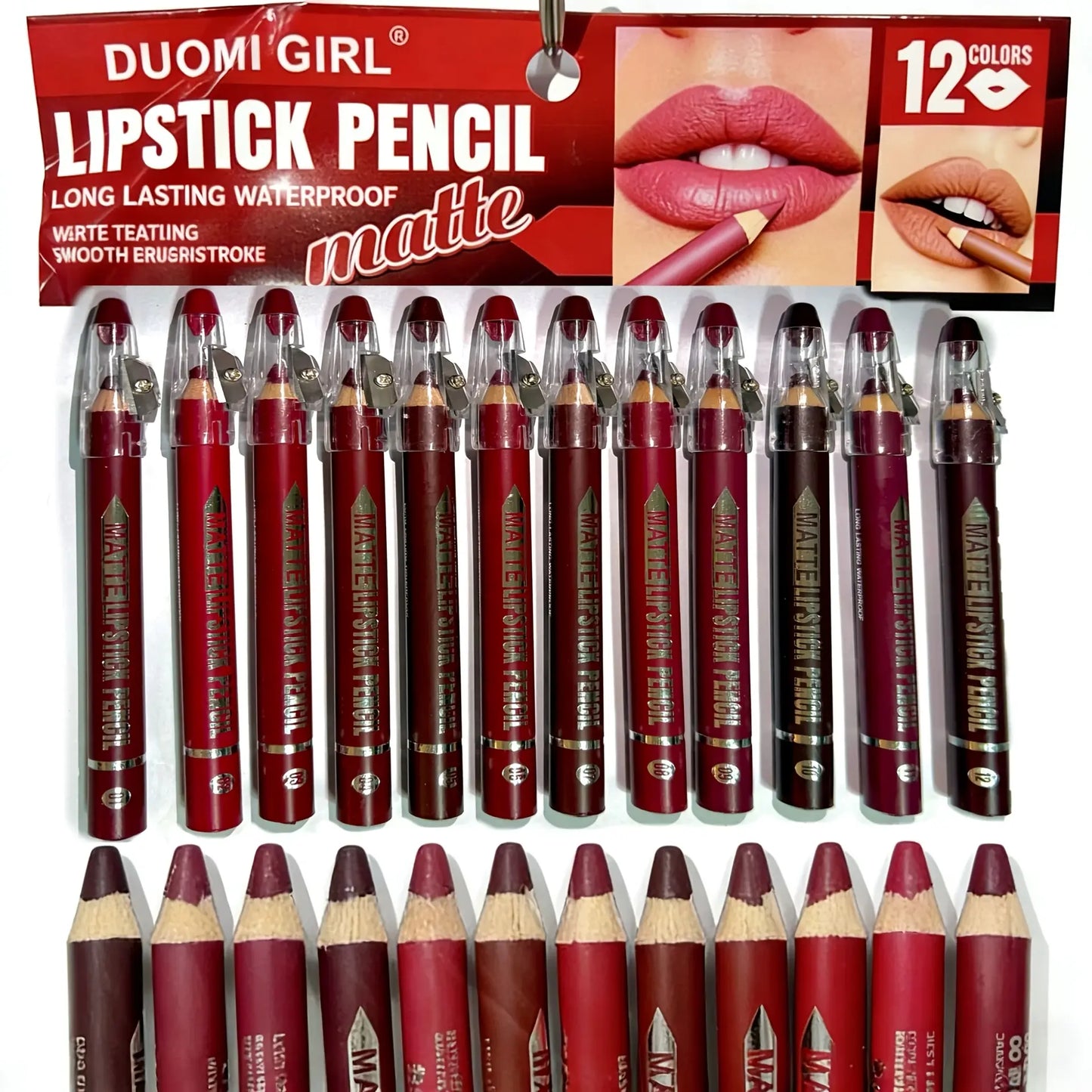 12-Color Matte Lip Liner Set with Built-In Sharpener – Waterproof, Smudge-Proof, Long-Lasting