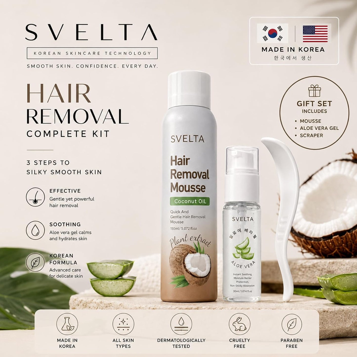Coconut Hair Removal Mousse Kit with Aloe Vera Soothing Serum & Scraper