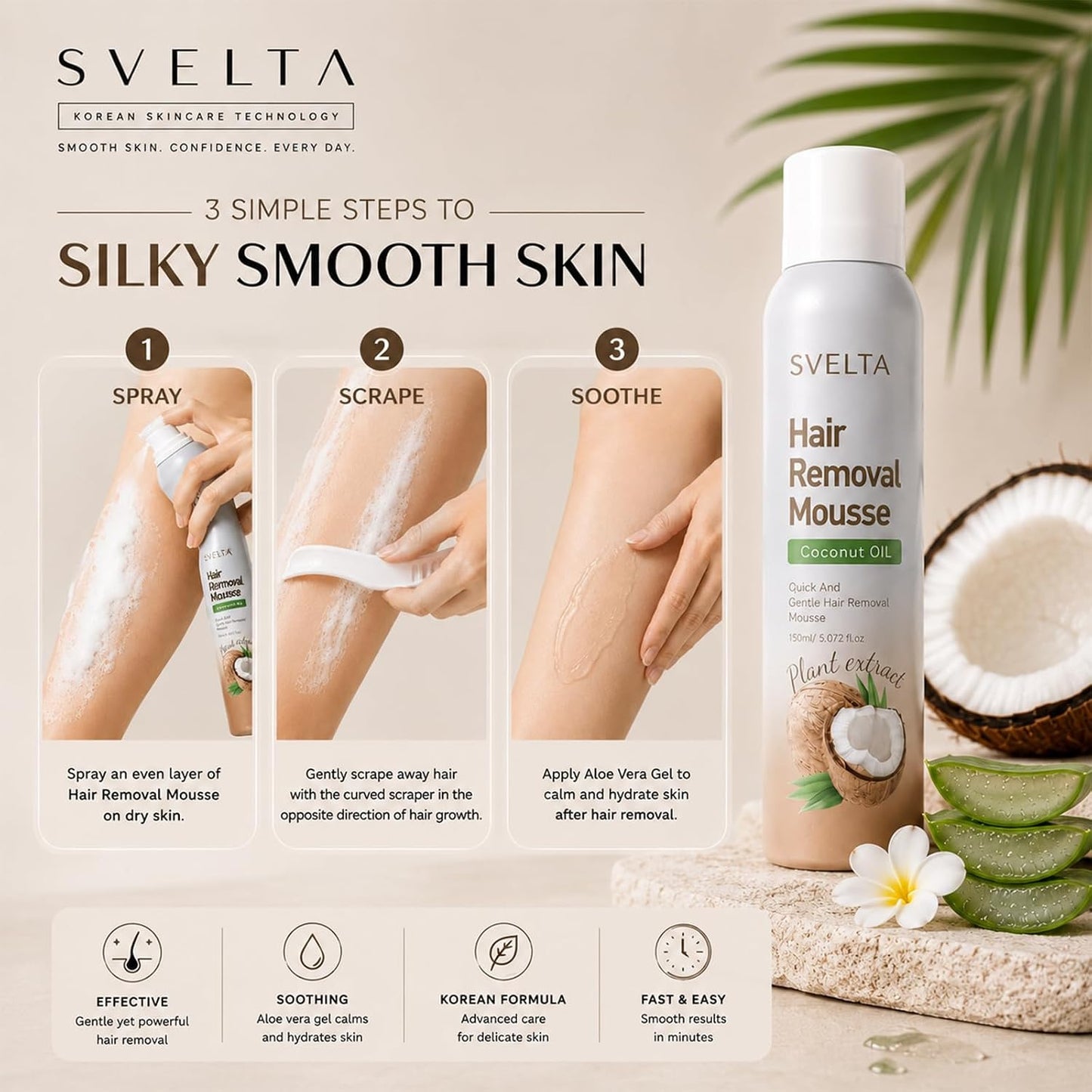Coconut Hair Removal Mousse Kit with Aloe Vera Soothing Serum & Scraper