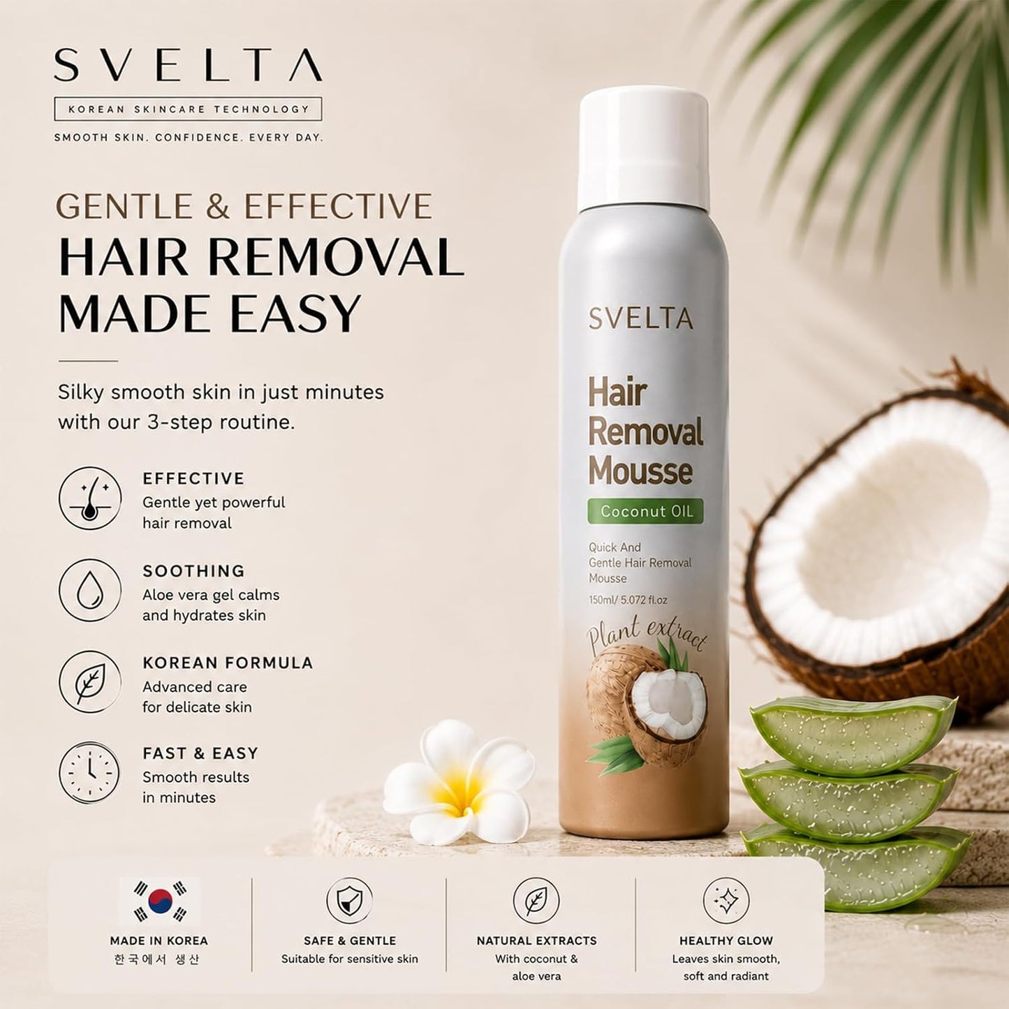 Coconut Hair Removal Mousse Kit with Aloe Vera Soothing Serum & Scraper