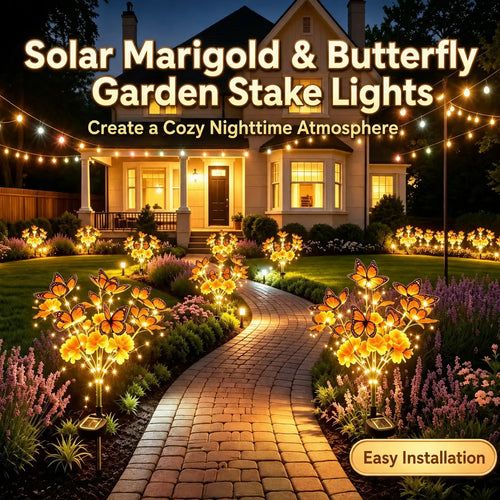 Solar Marigold & Butterfly Garden Stake Lights – Artificial Flower Solar Outdoor Lights