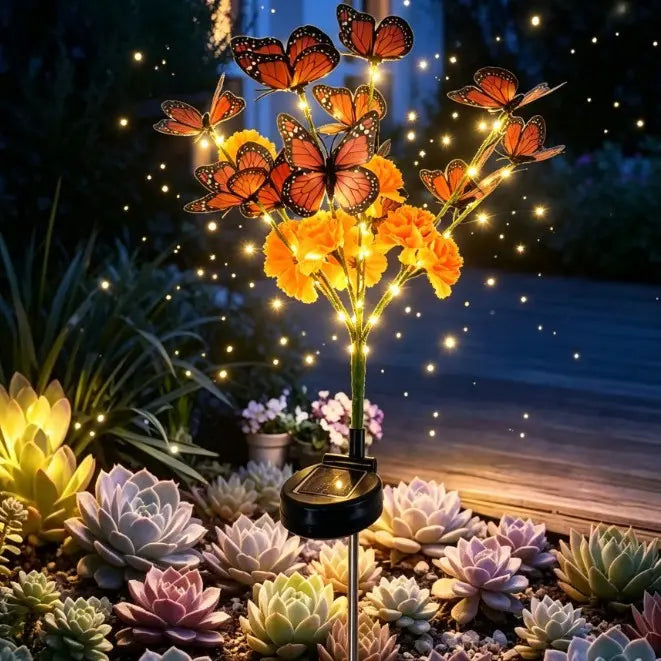 Solar Marigold & Butterfly Garden Stake Lights – Artificial Flower Solar Outdoor Lights