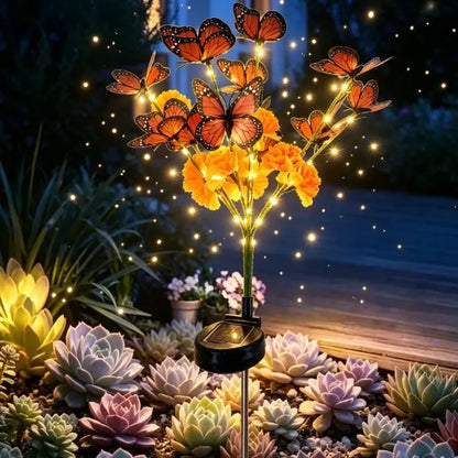 Solar Marigold & Butterfly Garden Stake Lights – Artificial Flower Solar Outdoor Lights