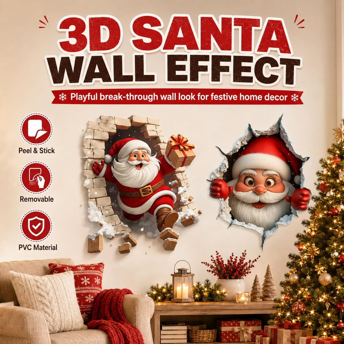 Christmas Creative Wall Sticker,Christmas Break-in 3D Wall Decal