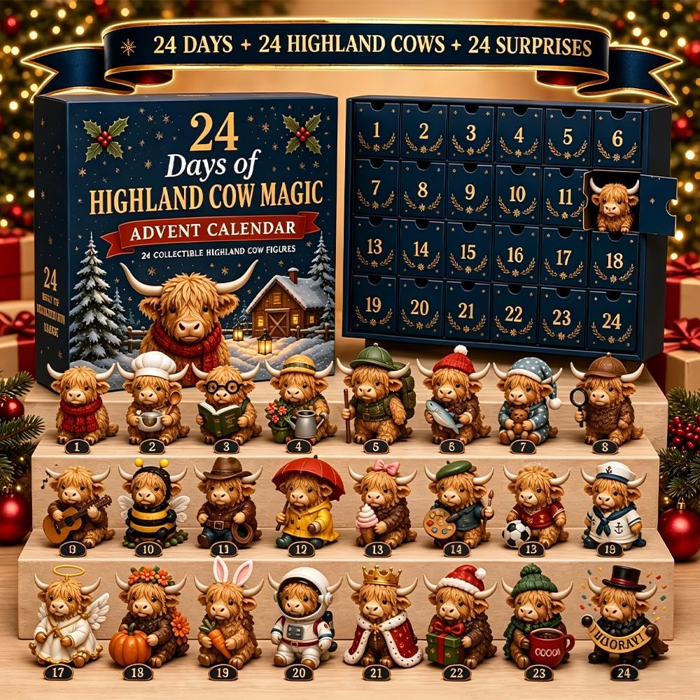 24 Days of Highland Cow Magic Advent Calendar – Collectible Cow Mini Figures Set