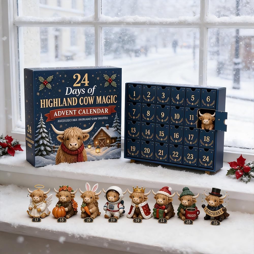 24 Days of Highland Cow Magic Advent Calendar – Collectible Cow Mini Figures Set