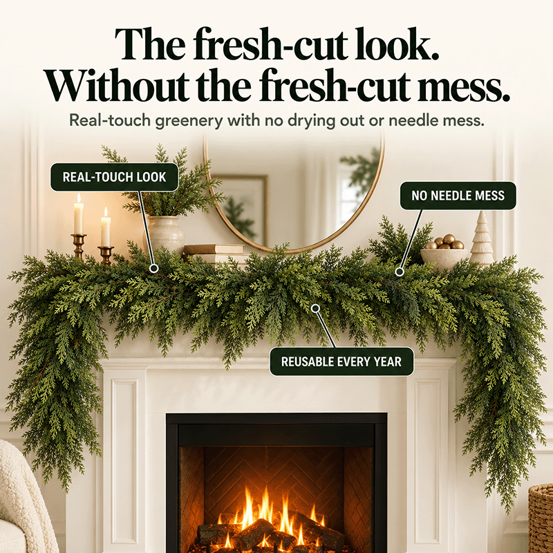 🎀Real Touch Christmas Cedar Garland – Artificial Greenery for Mantel, Staircase & Door Decor