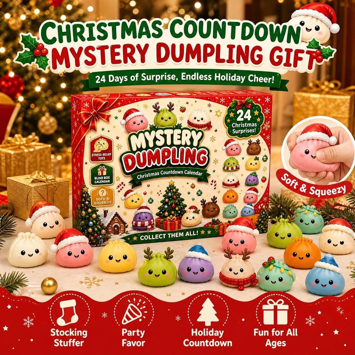 🎀Christmas Mini Squishies Advent Calendar 2026 – 24-Day Dumpling Squeeze Toy Countdown Calendar