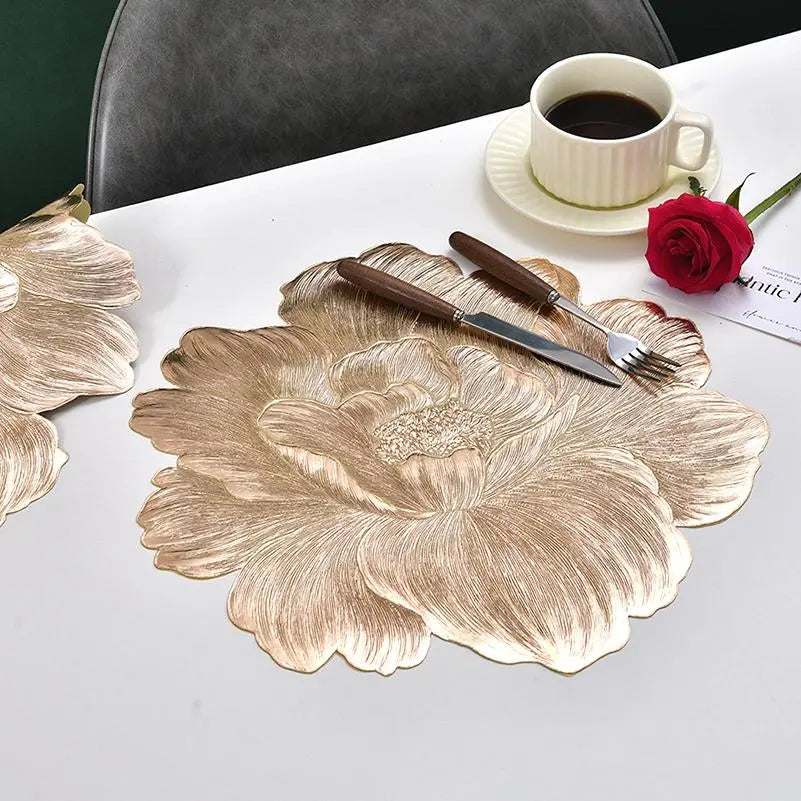 🎀 Embossed Flower Placemat Set – 3-Count Metallic Peony Table Mats in Rose Gold, Champagne & Silver