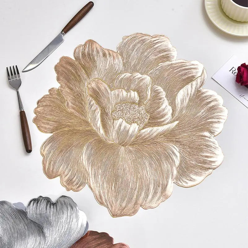 🎀 Embossed Flower Placemat Set – 3-Count Metallic Peony Table Mats in Rose Gold, Champagne & Silver