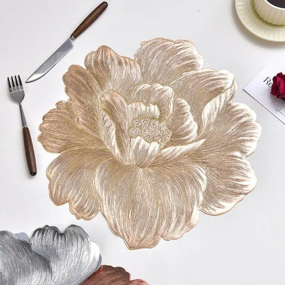 🎀 Embossed Flower Placemat Set – 3-Count Metallic Peony Table Mats in Rose Gold, Champagne & Silver